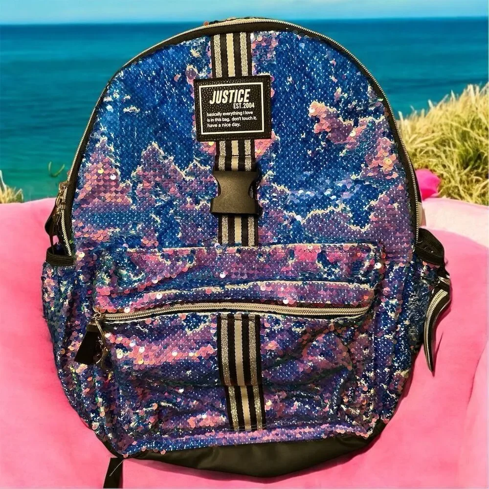 Justice Girls Large Pink Blue Sequin Backpack Multicolor Front Zipper Pocket